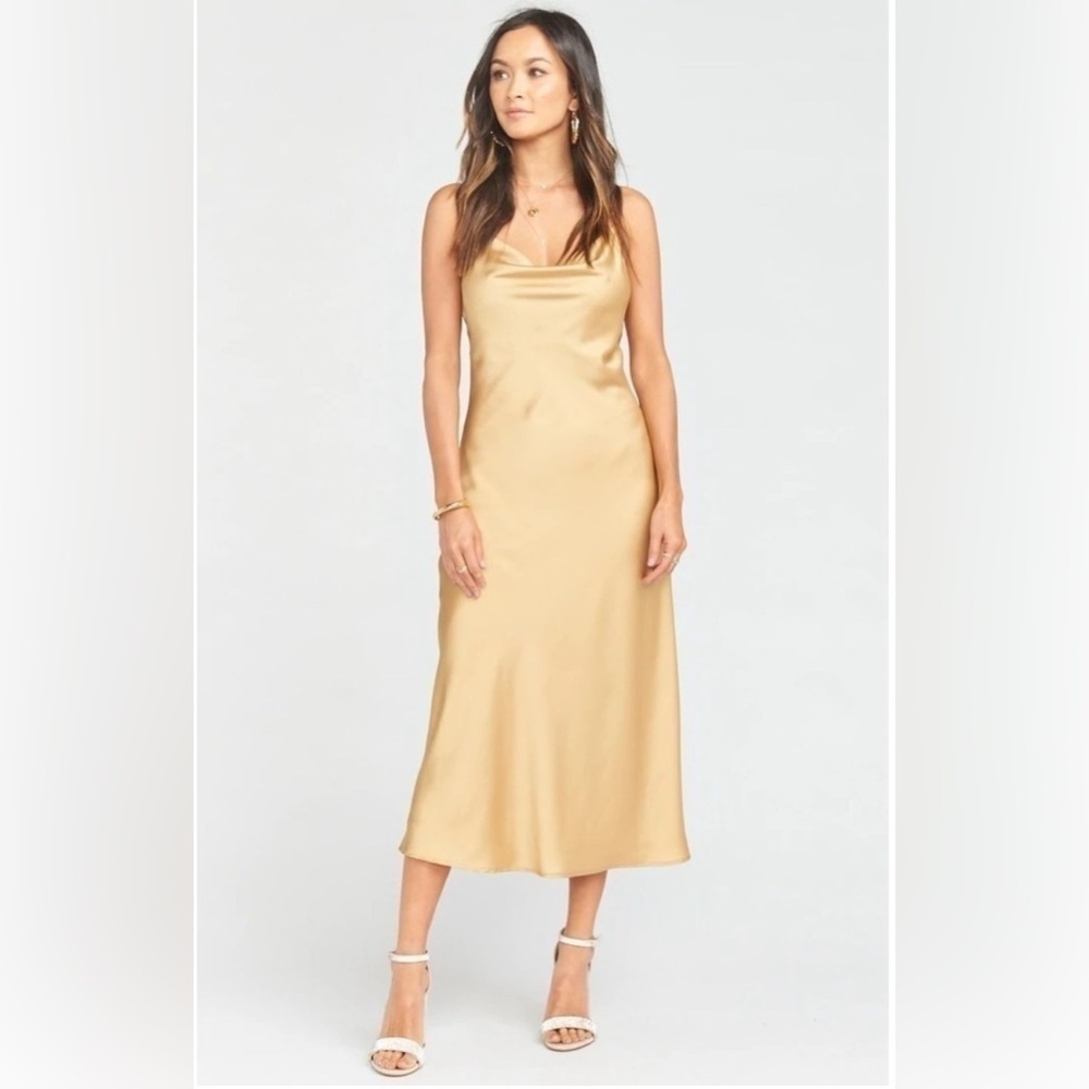 Show Me Your Mumu Women's Verona Cowl Dress True Gold Luxe Satin Size XS